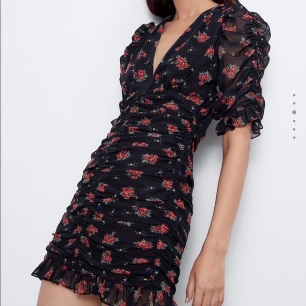 Zara rose ruching ruffle mini black dress - Picture 4 of 7